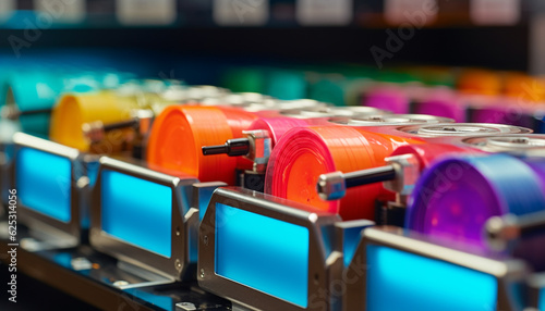 Multi colored spools of thread in a row at textile factory generated by AI