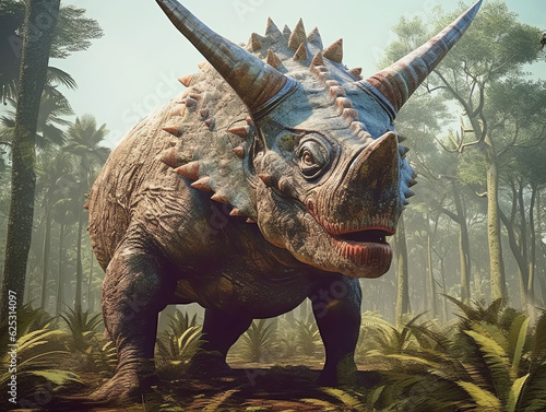 Prehistoric triceratops dinosaur in wild nature, jungle, Generative AI © svetlanais