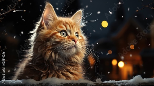 A cat sitting on top of a snow covered ground. Generative AI.