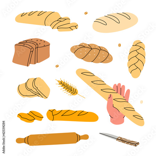 Fresh breads. Breads and pastry banner. Whole grain and wheat bread, pretzel, ciabatta, croissant, french baguette for bakery menu design.