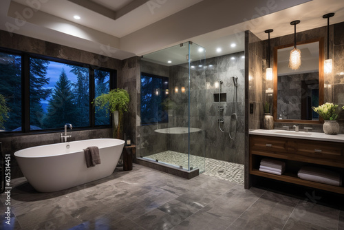 A minimalistic modern bathroom with standalone bathtub and shower  long sink and ficus plant. High quality photo