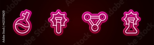 Set line Test tube, Explosion in the flask, Molecule and . Glowing neon icon. Vector