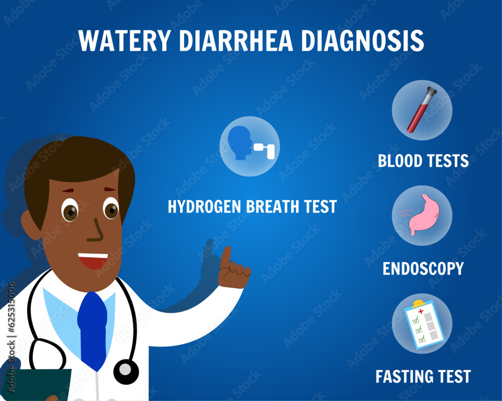 Medical cartoon watery diarrhea diagnosis with doctor and information
