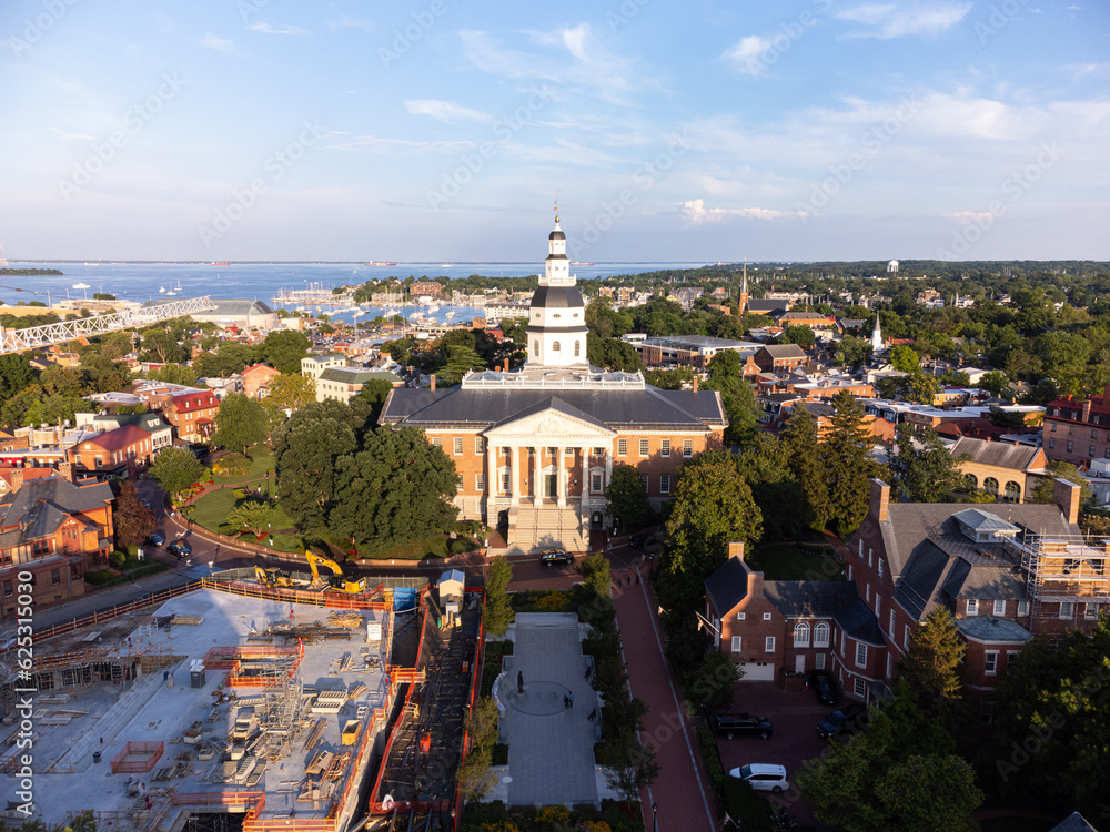 An Aerial photo of the Maryland State House in downtown Annapolis Maryland during sunset.