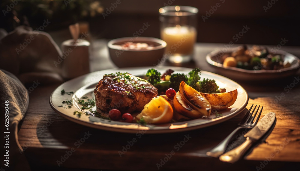 Grilled meat and vegetables on rustic plate, ready to eat generated by AI