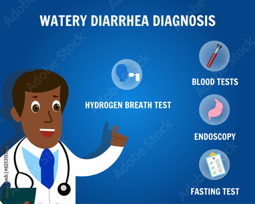 Medical cartoon watery diarrhea diagnosis with doctor and information in vector illustration 