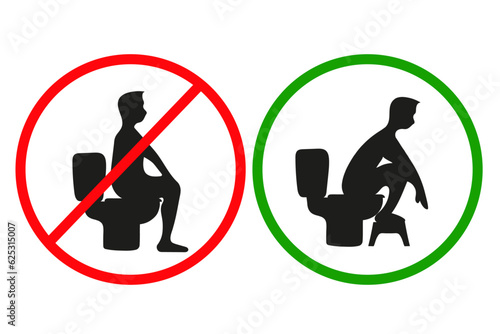 Medical cartoon on how to sit on the toilet correctly and incorrectly in vector illustration 