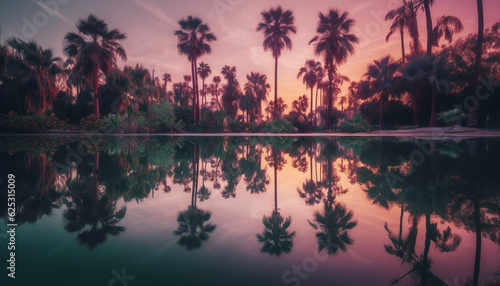 Tranquil scene of tropical sunset, palm tree reflection in water generated by AI
