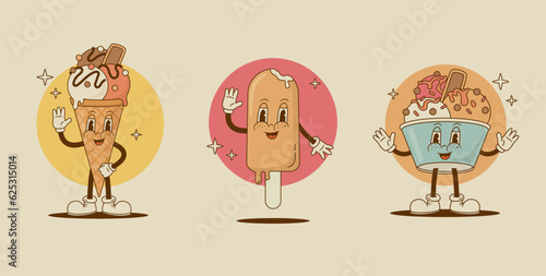 Set of cartoon Ice cream characters in retro style. Vector illustration. Vintage funny dessert mascot poster for cafeteria. Nostalgia 60s, 70s, 80s