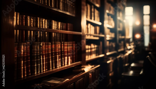 Modern library shelves showcase ancient literature in selective focus abundance generated by AI