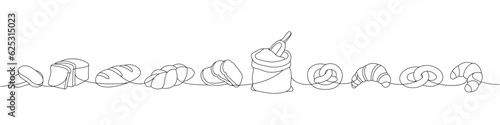 Set of breads one line continuous drawing. Whole grain and wheat bread, pretzel, ciabatta, croissant, bagel, baguette continuous one line illustration