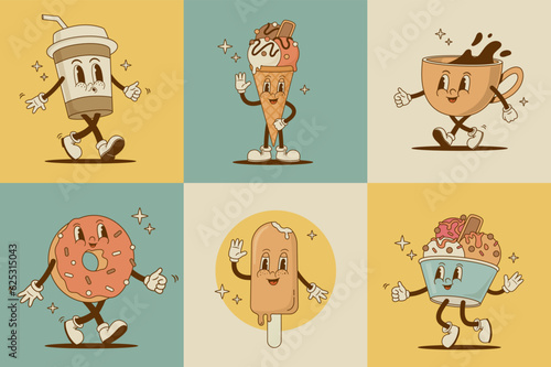 Photo Set of retro cartoon funny food and drink characters