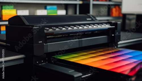 Modern computer printer working in a factory, printing multi colored printouts generated by AI