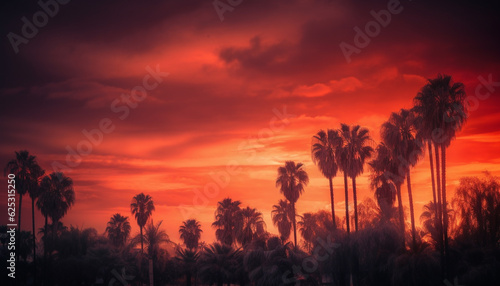 Silhouette of palm trees back lit by vibrant sunset sky generated by AI © djvstock