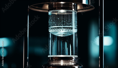 Transparent glass beaker with purified water and reflection in laboratory generated by AI