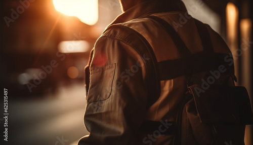 Back lit military jacket walking under street light at night generated by AI