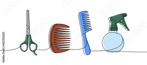 Set of barber shop tools one line colored continuous drawing. Hairdresser spray bottle, scissors, hair comb continuous one line illustration.