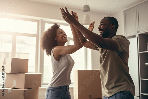 Excited millennial couple celebrate moving day in own house with boxes, created with Generative AI