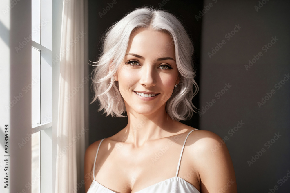 Portrait of a beautiful woman near window in a bedroom. Generative AI. Portrait of a beautiful woman near window in a bedroom. Generative AI.