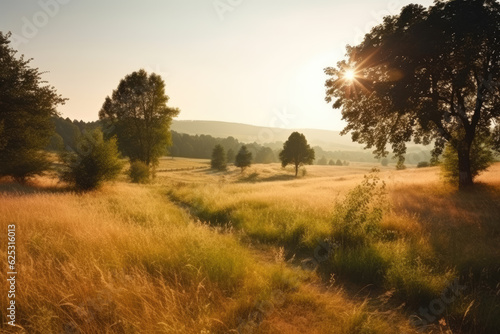 Landscape in summer with trees and meadows in bright sunshine