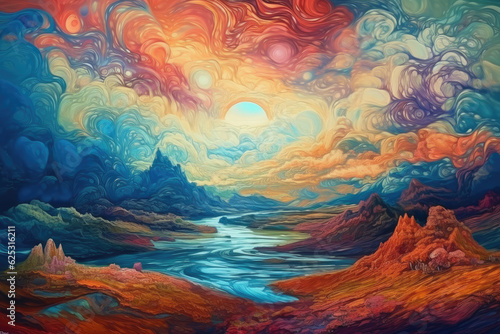 Fantastical planet with swirling clouds and colorful landscapes.