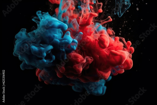 Acrylic blue and red colors in water. Ink blot. Abstract black background. 