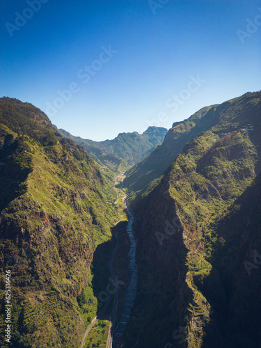 Aerial view of Ribeira Brava road valley, connecting south to north of Madeira Island, Portugal