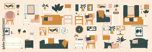 Large set of interior designs in Scandinavian and.contemporary styles. A set of different furniture in the living room. Vector illustration in hand drawn style