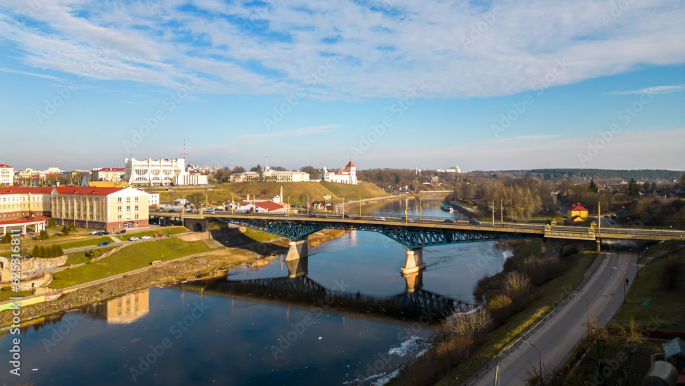 The city center of Grodno, Belarus. Bridge over the Neman River. The historical center of the city.