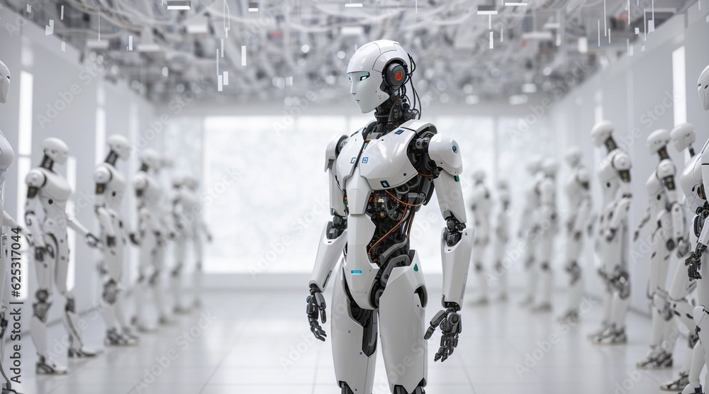 A robotic figure in a white room, surrounded by robot army , group of cyborgs in factory A robotic figure in a white room, surrounded by robot army , group of cyborgs in factory