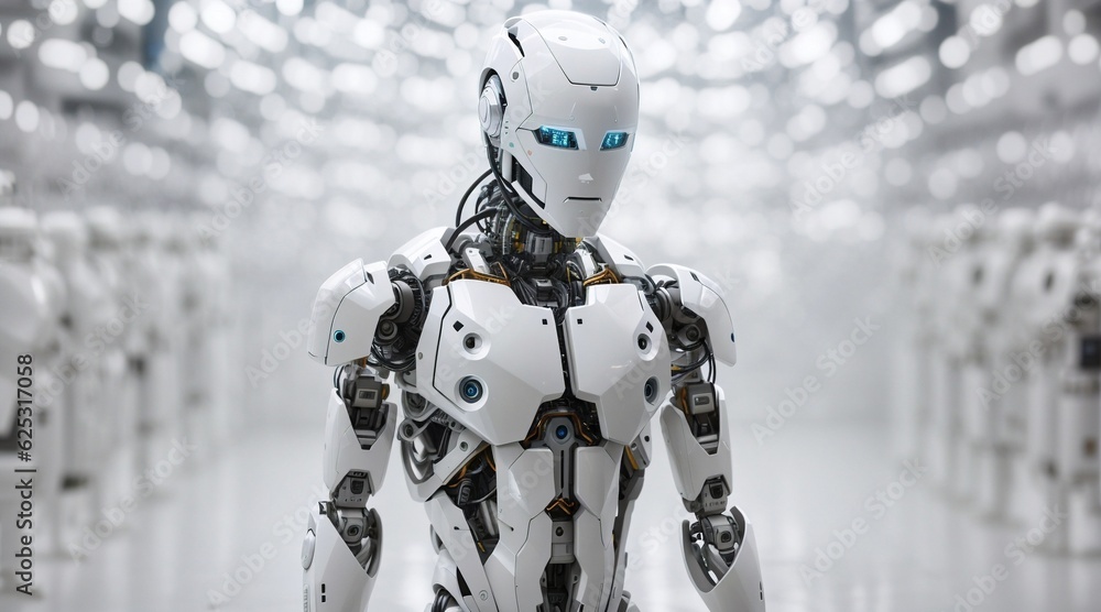 A robotic figure in a white room, surrounded by A robotic figure in a white room, surrounded by