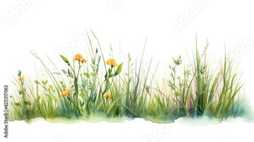 Meadow wild grasses and flowers close-up watercolor illustration on a white background.