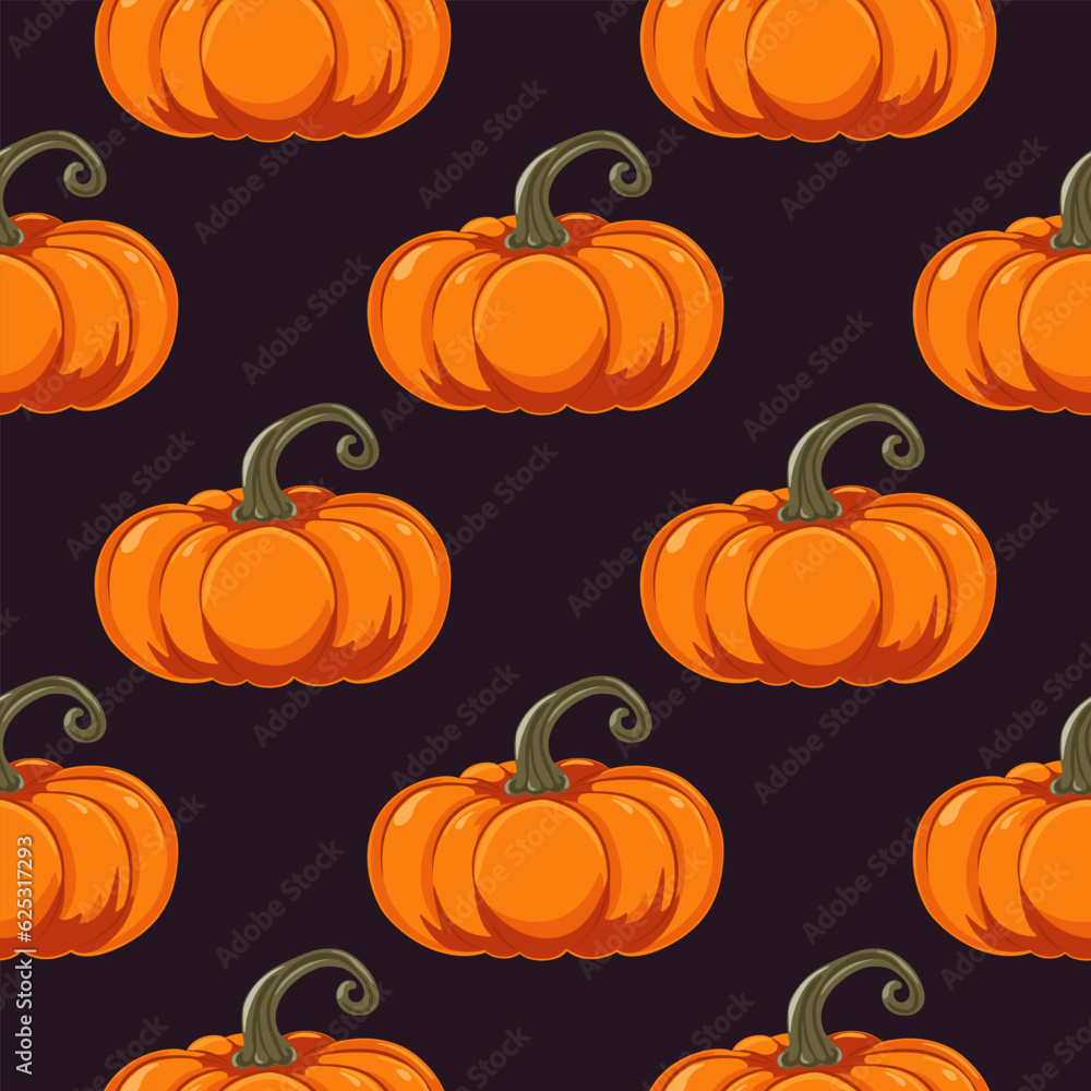 Seamless pattern with pumpkins. Square colorful background with orange pumpkin on dark background. Decor for Halloween, Thanksgiving, autumn festival harvest. Vector illustration.