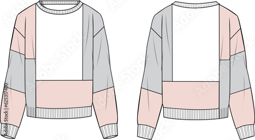 Women's Colour-block Sweater- Technical fashion illustration. Front and back, colored. Women's CAD mock-up.