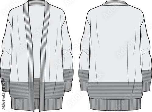 Women's Colour Block Hem Cardigan. Technical fashion illustration. Front and back, grey. Women's CAD mock-up.