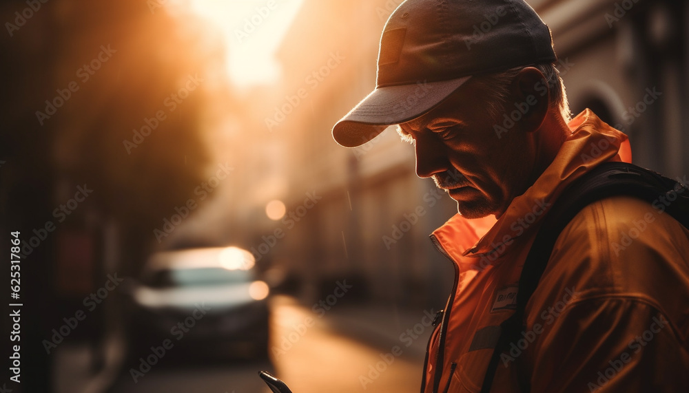 Young adult Caucasian man in casual clothing driving car at dusk generated by AI Young adult Caucasian man in casual clothing driving car at dusk generated by AI