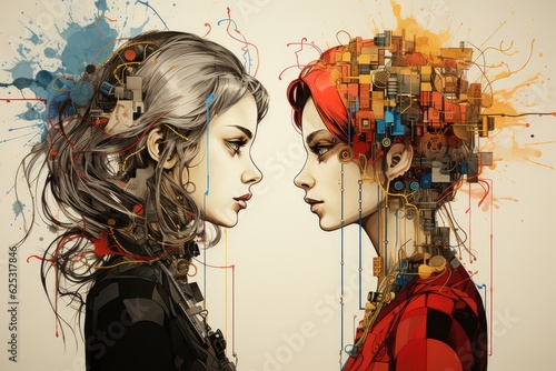 A couple of women standing next to each other. Generative AI.