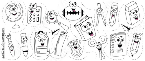 A set of stickers on the theme Back to school. Clockwork characters Backpack, Globe, pencil, pen, scissors, book, notebook, medal in retro cartoon style. Modern vector illustration.