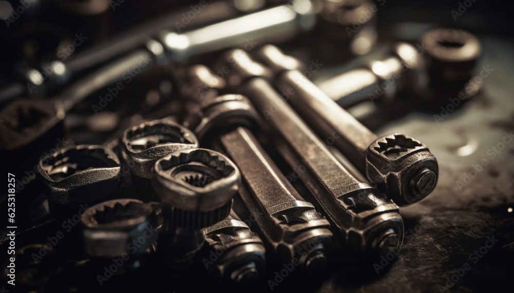 Fototapeta premium Metallic machinery in workshop rusty wrenches and shiny steel bolts generated by AI