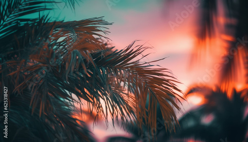 Tropical sunset palm trees  blue sky  orange sun  tranquil scene generated by AI