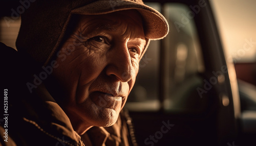 Senior man driving car, looking at camera with serious expression generated by AI © djvstock