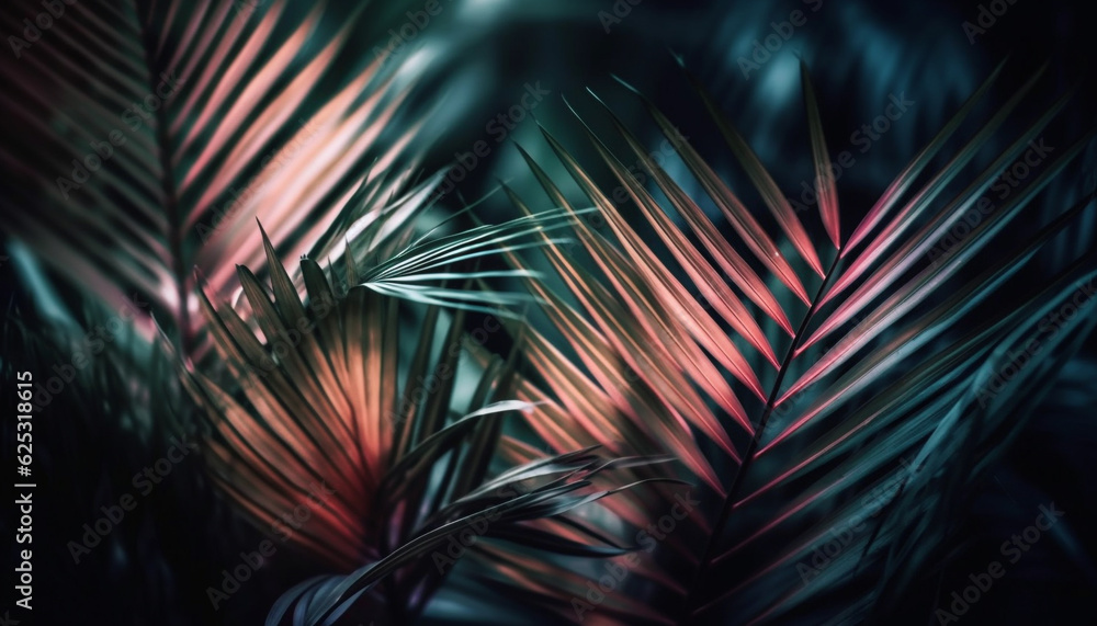 Vibrant tropical foliage in abstract pattern, a nature masterpiece generated by AI