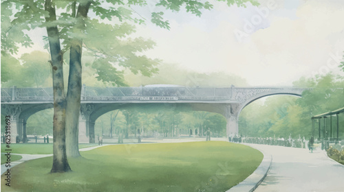 水彩で描いた橋の見える公園のイラスト Generative AI
