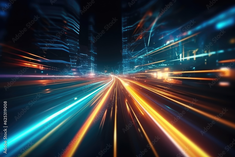 Abstract futuristic background high speed straight blue yellow lines and bokeh glowing neon moving. High speed futuristic travel concept. Fantastic wallpaper Abstract futuristic background high speed straight blue yellow lines and bokeh glowing neon moving. High speed futuristic travel concept. Fantastic wallpaper