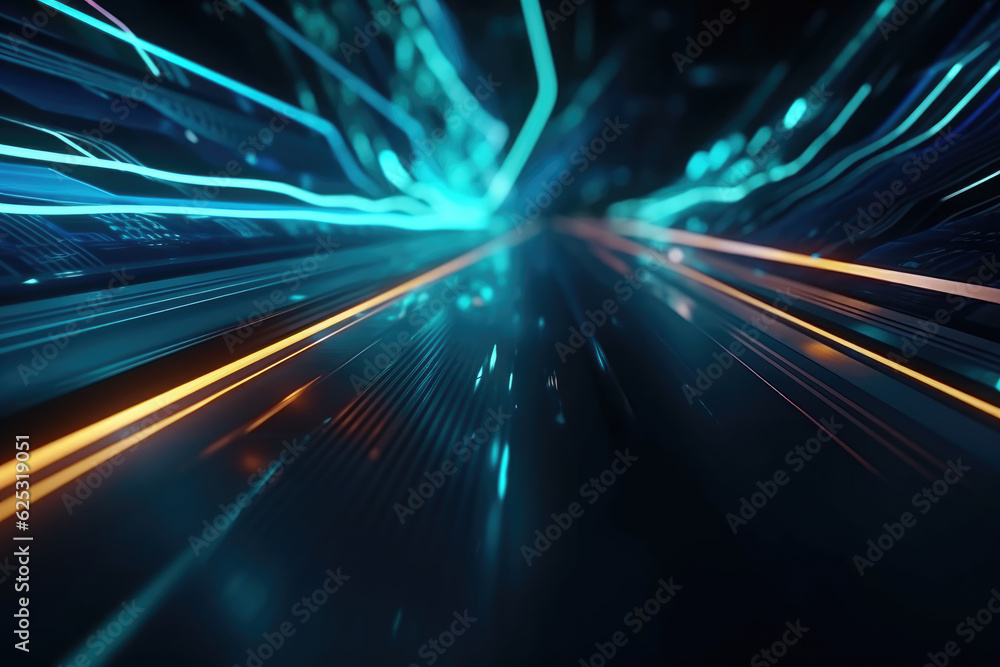 Abstract futuristic background high speed straight blue yellow lines and bokeh glowing neon moving. High speed futuristic travel concept. Fantastic wallpaper