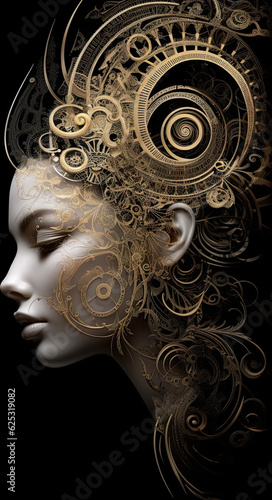 A close up of a woman"s head with gears on it. Generative AI.