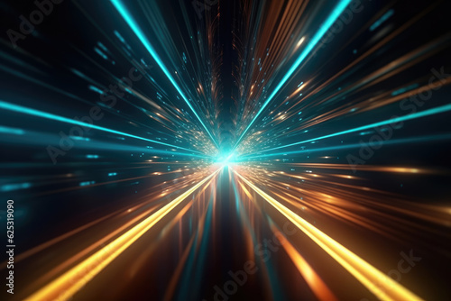 Abstract futuristic background high speed straight blue yellow lines and bokeh glowing neon moving. High speed futuristic travel concept. Fantastic wallpaper