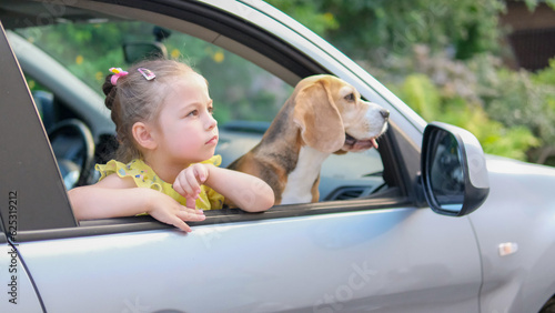 Vacations And Tourism Concept, Little girl and beagle dog in the rent car © Денис Максимчук