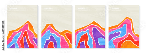Abstract mountain landscape collage vector background with texture. Modern paper torn hill illustration. Trendy nature template, bright vertical geometric poster set. Futuristic vibrant field layout