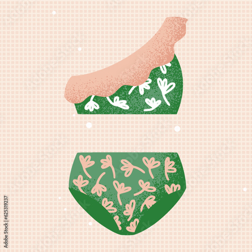 Vintage Bikini. Separate swimwear, swimsuit, retro high waiste bottom, pink ruffled top, bra. Mexican or Brazilian, doodle flowers, texture. For trendy beach, poolside, pool. Vector illustration